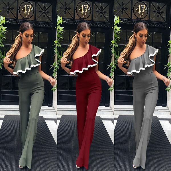 One Shoulder Ruffled Long Wide Bottom Jumsuit