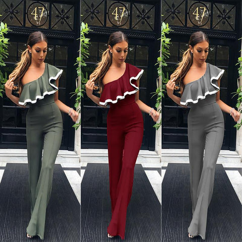 One Shoulder Ruffled Long Wide Bottom Jumsuit
