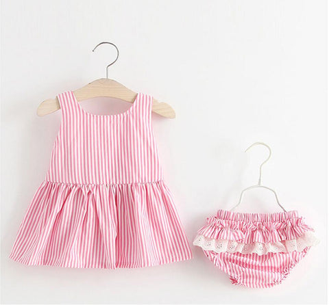 Striped Bow Back Frock & Bottom Clothing Set For Girls 2 Pcs (0-3 Years)