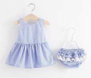 Striped Bow Back Frock & Bottom Clothing Set For Girls 2 Pcs (0-3 Years)