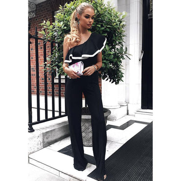 One Shoulder Ruffled Long Wide Bottom Jumsuit