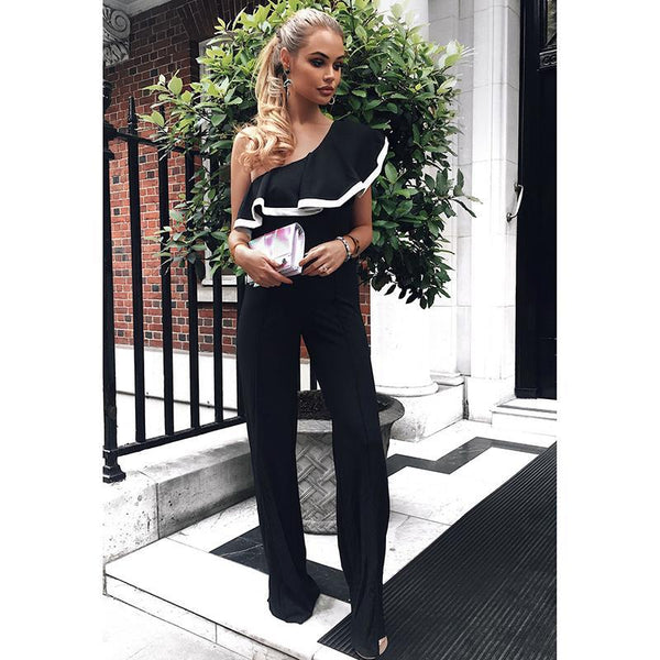 One Shoulder Ruffled Long Wide Bottom Jumsuit