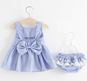 Striped Bow Back Frock & Bottom Clothing Set For Girls 2 Pcs (0-3 Years)
