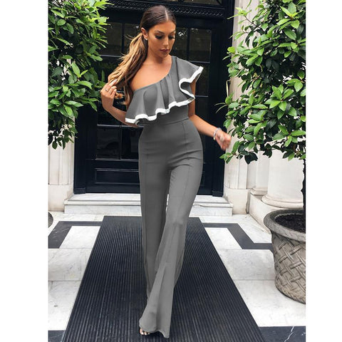 One Shoulder Ruffled Long Wide Bottom Jumsuit