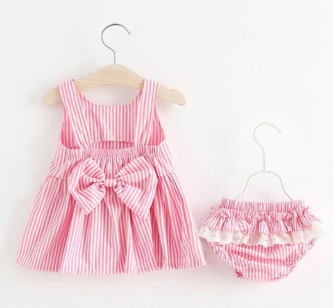 Striped Bow Back Frock & Bottom Clothing Set For Girls 2 Pcs (0-3 Years)