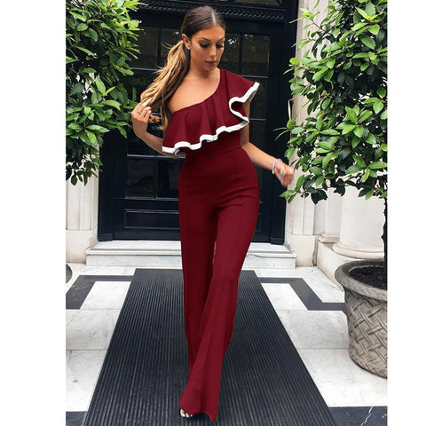 One Shoulder Ruffled Long Wide Bottom Jumsuit