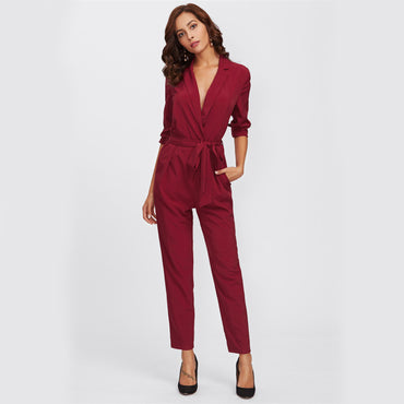 Cherry V Neck Narrow Bottom Jumpsuit