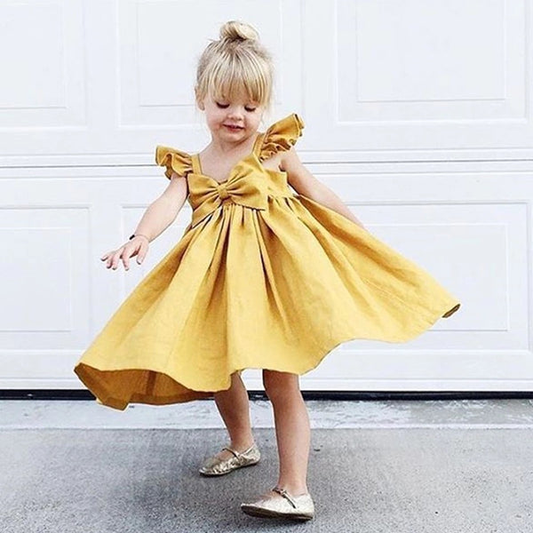 Frill Sleeves Back Bow Frock For Girls (0-8 Years)