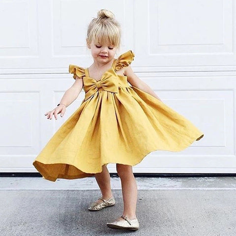 Frill Sleeves Back Bow Frock For Girls (0-8 Years)