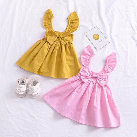 Frill Sleeves Back Bow Frock For Girls (0-8 Years)