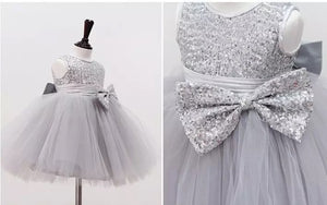 Adorable Grey Glittery Party Bow Frill Frock For Girls (0-8 Years)
