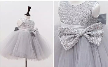 Adorable Grey Glittery Party Bow Frill Frock For Girls (0-8 Years)