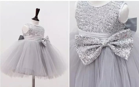 Adorable Grey Glittery Party Bow Frill Frock For Girls (0-8 Years)