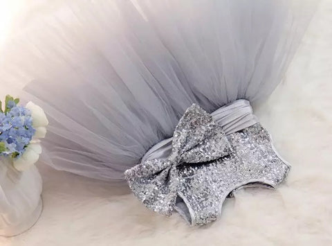 Adorable Grey Glittery Party Bow Frill Frock For Girls (0-8 Years)