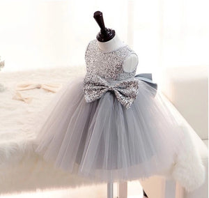 Adorable Grey Glittery Party Bow Frill Frock For Girls (0-8 Years)