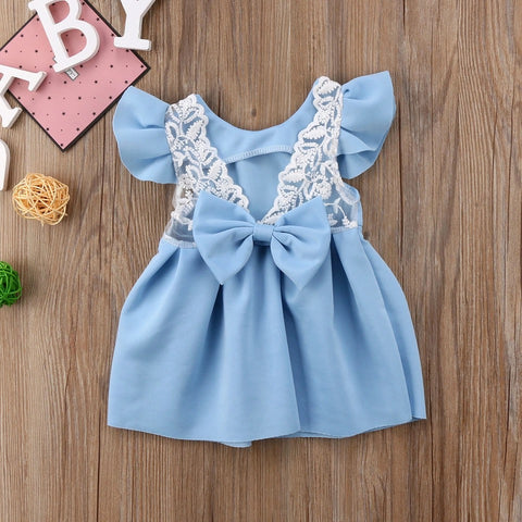 Soft Lace V Back Bow Frock For Girls (0-8 Years)