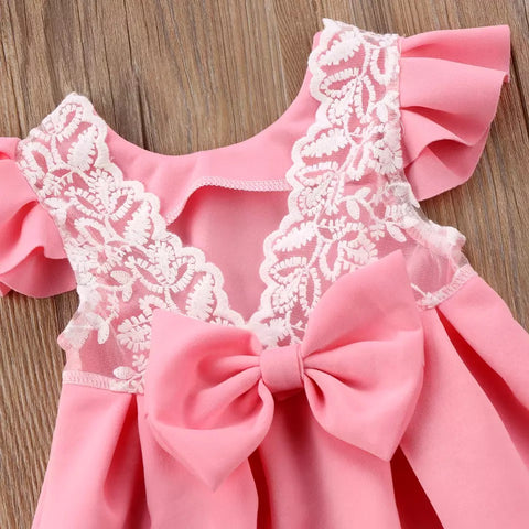 Soft Lace V Back Bow Frock For Girls (0-8 Years)
