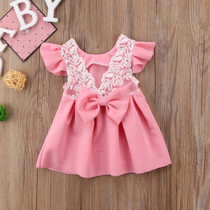 Soft Lace V Back Bow Frock For Girls (0-8 Years)