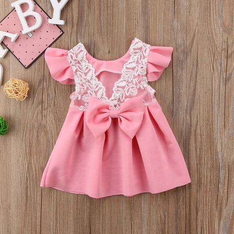 Soft Lace V Back Bow Frock For Girls (0-8 Years)