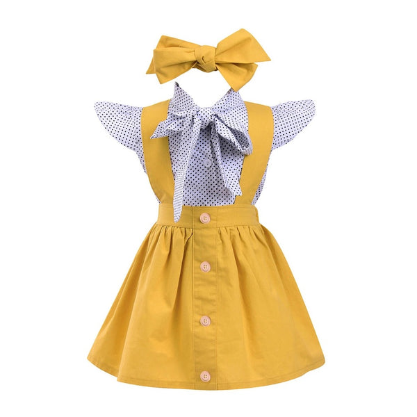 Adorable Bow Collared Polka Dot Shirt & Yellow Skirt Clothing Set 2 Pcs (0-8 Years)